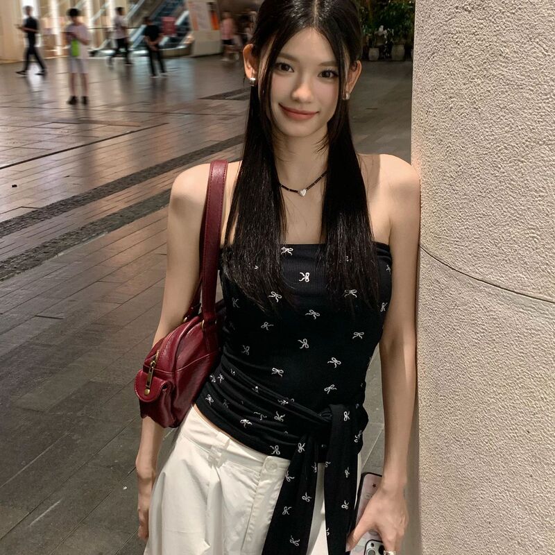 Summer New Style Black Bow-Tie Strapless Tank Top with Full Print for Women, Slim Fit, Trendy Sleeveless Crop Top