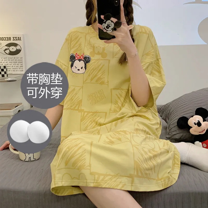 Pijama con cojín de pecho, vestido de algodón, vestido de pijama, dibujos animados dulces y lindos para aumentar la ropa para el hogar al por mayor.
