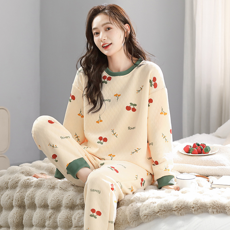 New Air Cotton Pajamas for Women Autumn and Winter Knitted Cotton Pullover Thickened Sandwich Quilted Home Clothes Cross-Border Wholesale