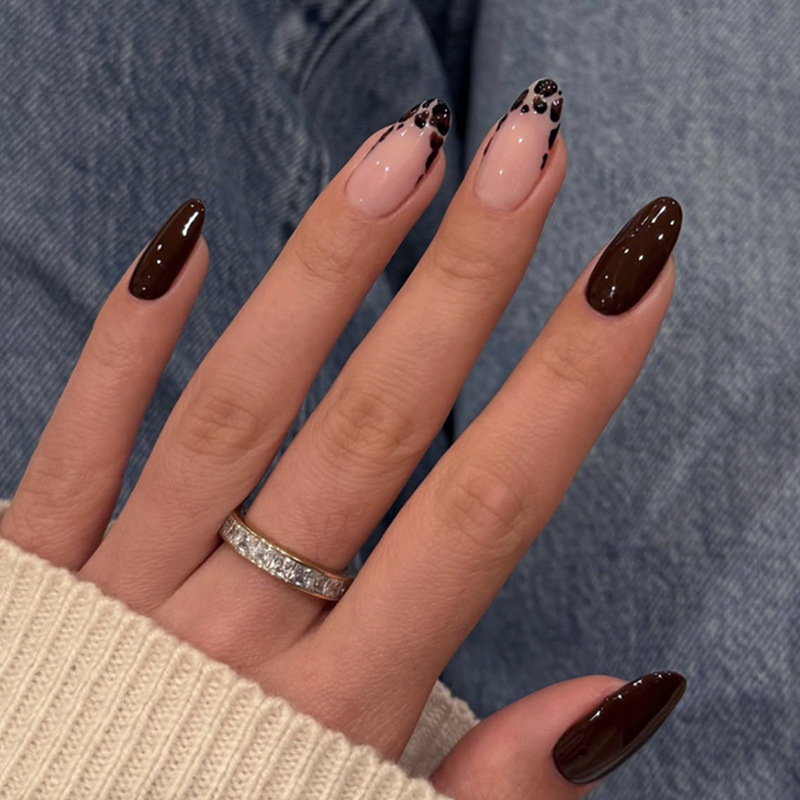 Autumn and Winter Cross-Border Best-Selling Wearable Manicure French Leopard Print Nail Pieces Short Almond Nail Pieces Finished Products Wholesale