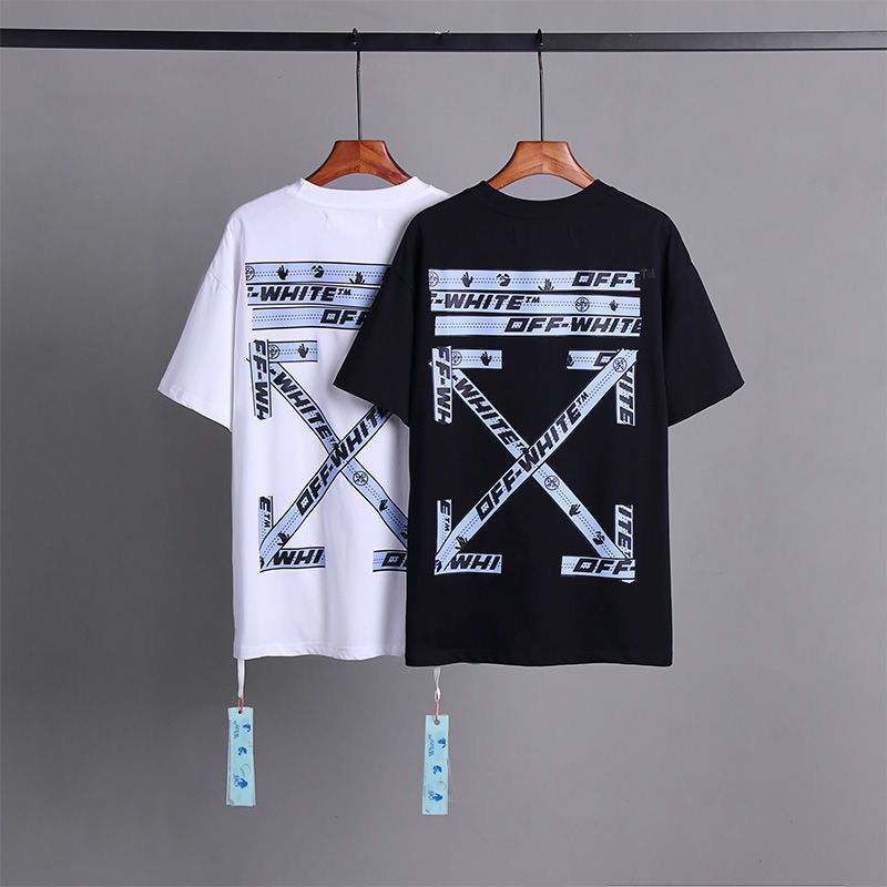 Cross-Border Off Print European and American Style Arrow Loose Short-Sleeve Pure Cotton Tape Trendy Brand White Crew Neck T-Shirt for Men and Couples