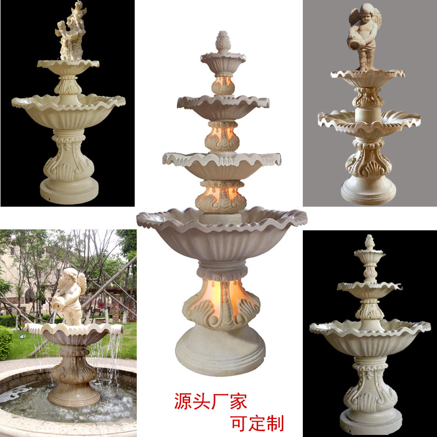 大型多层仿砂岩流水盆欧式树脂喷泉水景园林地产三层天使流水摆件