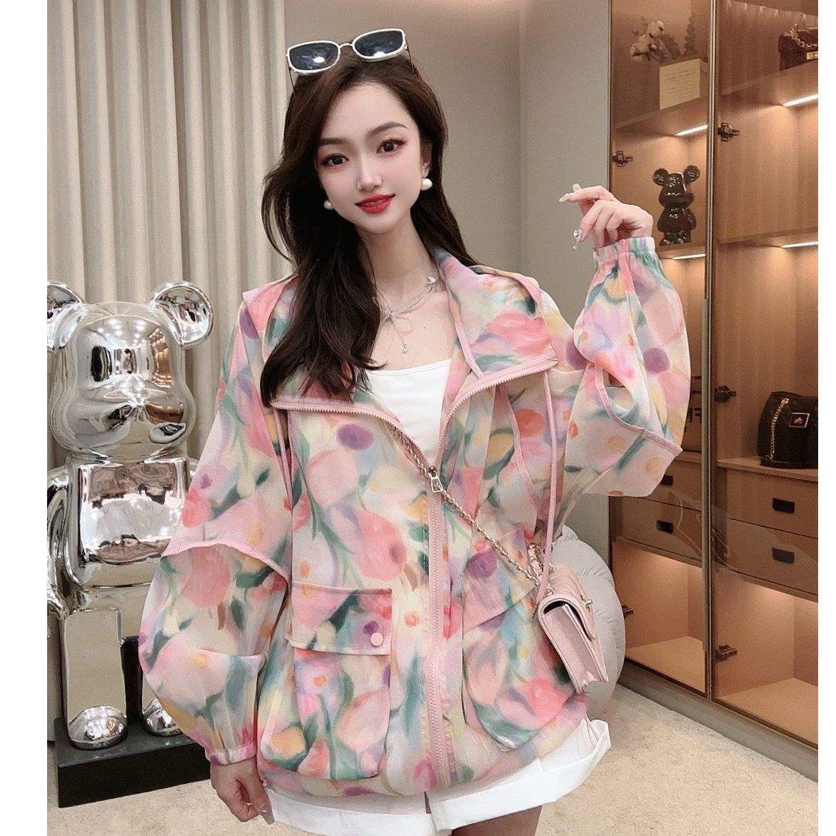 Doble bolsillo de hielo con capuchón ropa de protección solar impresión de verano 2026 suelta ropa de protección solar de manga larga camiseta de mujer image 8