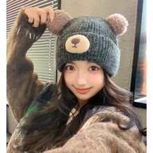 可爱小熊毛线帽子女秋冬季加绒厚针织帽大头围防寒保暖护耳卡通帽