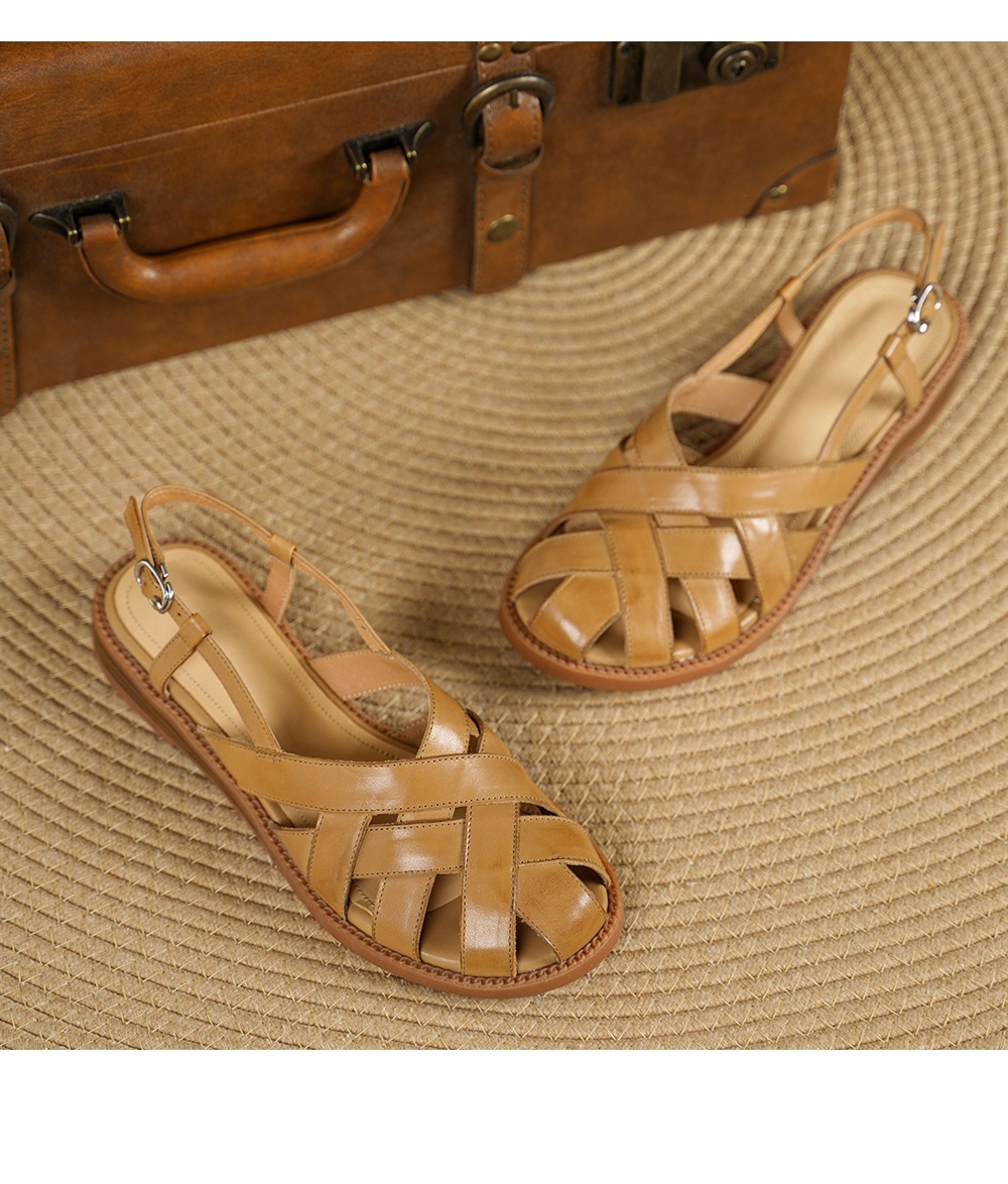 Dép sandal nữ mũi nhọn da bò quai chữ v gót thấp — màu be chi tiết 15