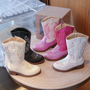 Girls Princess Boots 2025 Autumn and Winter New Little Girls Velvet Warm Boots Children's Embroidery Western Boots