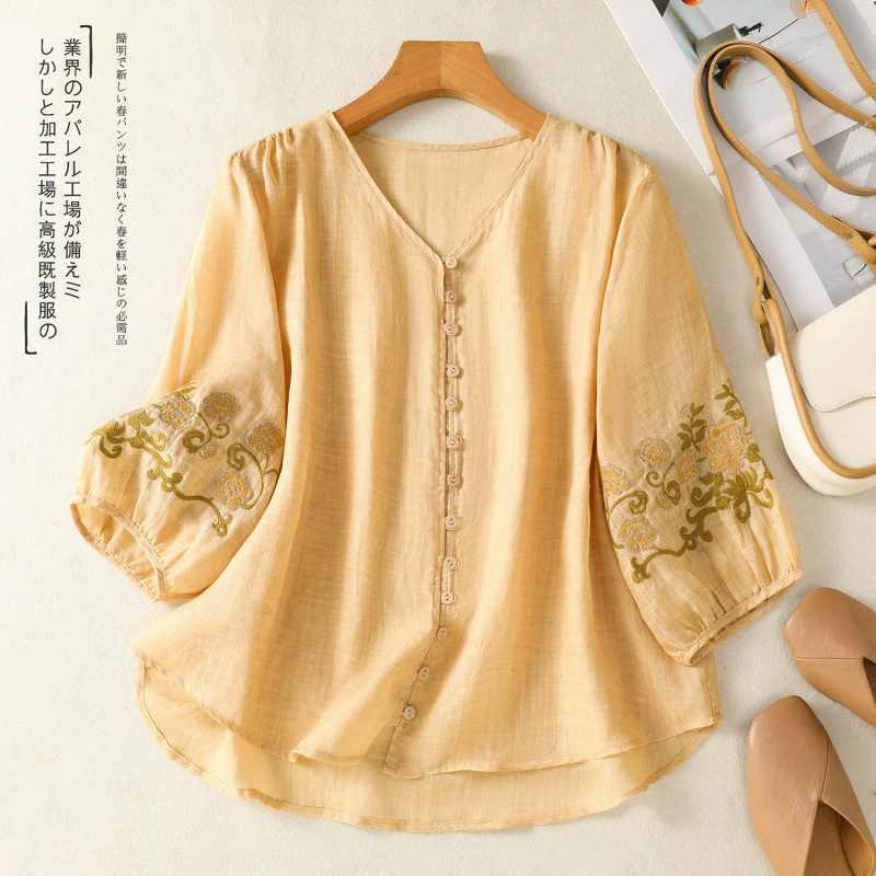 2025 весна и лето новый китайский стиль ретро топ женский рами национальный стиль вышивка рубашка
