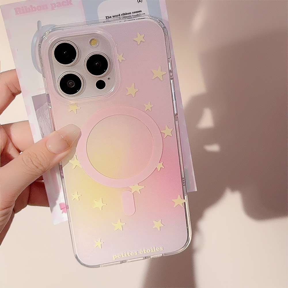 Soporte magnético IMD de doble capa 17pro max con diseño de oso estrella en degradado rosa, compatible con fundas para iPhone 14, 13 y 16, ideal para dropshipping.