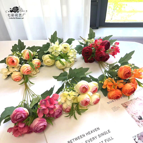 Rose buds, camellia buds, spring core-wrapped fake bouquets, wedding artificial flowers, home flowers, artificial silk flowers, rainbow rose buds