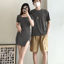 2023夏季情侣装辣妹风修身显瘦方领短款开叉男短袖T恤衫