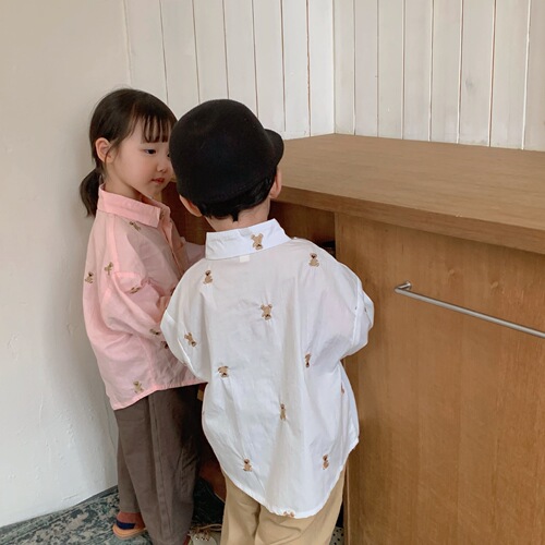 Children's long-sleeved shirts for boys and girls in spring and autumn  new pure cotton style embroidered bear shirt baby tops