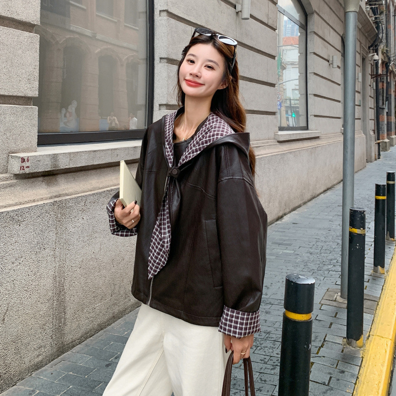 实拍咖色复古格子拼接连帽皮衣外套女秋季2025新款高级感pu皮夹克|undefined