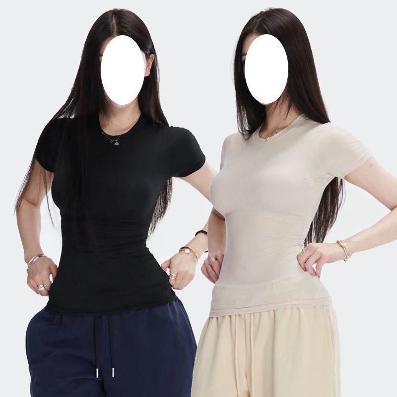 半袖春夏スリムフィット伸縮性右肩タイトピンクTシャツ半袖トップス女性用|undefined