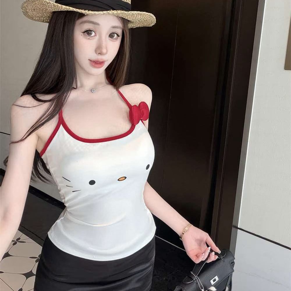 Sweet and spicy style KT cat print soft girl tie-up halter neck vest women's three-dimensional decoration design waist slimming top trendy