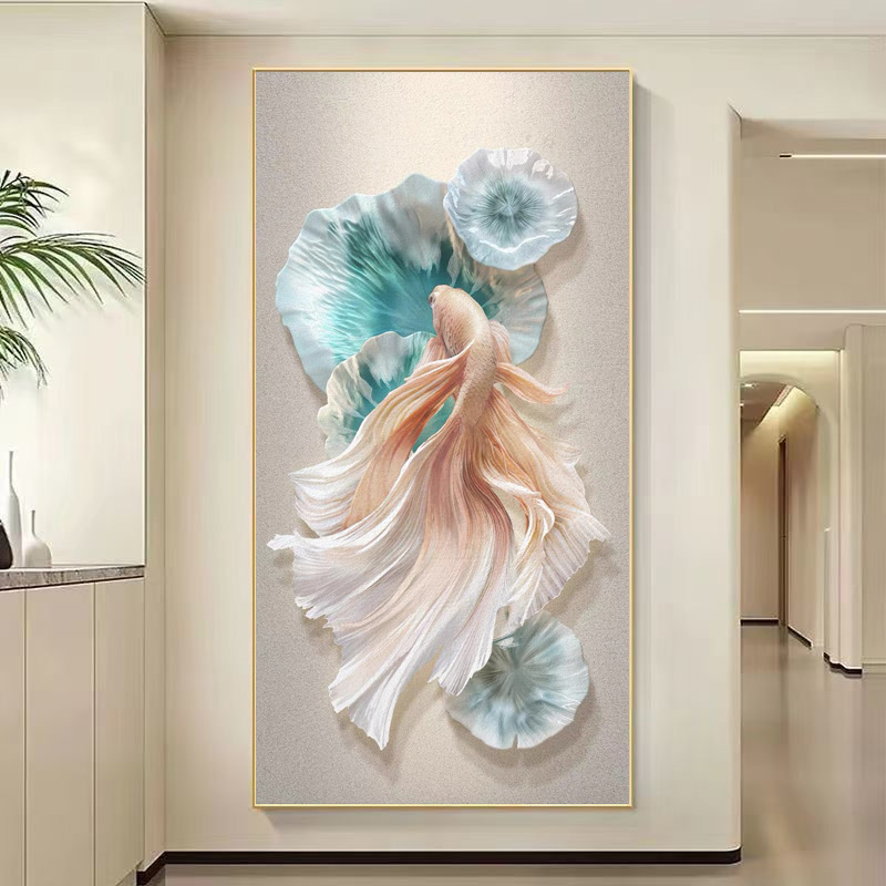 锦鲤入户玄关装饰画现代简约轻奢走廊过道壁画侘寂风茶室客厅挂画|undefined