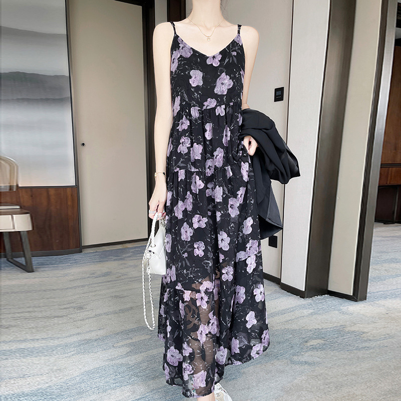 Summer New Xiangyun Yarn Sling dress Women's Loose Floral Elegant Adjustable Shoulder Strap Mid-length Base Dress