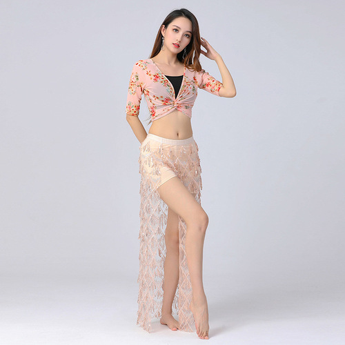 New plus size belly dance practice suit, mesh floral top, fringed sequin performance skirt