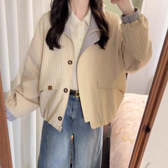 早秋日系短款夹克外套女款秋2025新款小个子休闲立领格纹撞色上衣