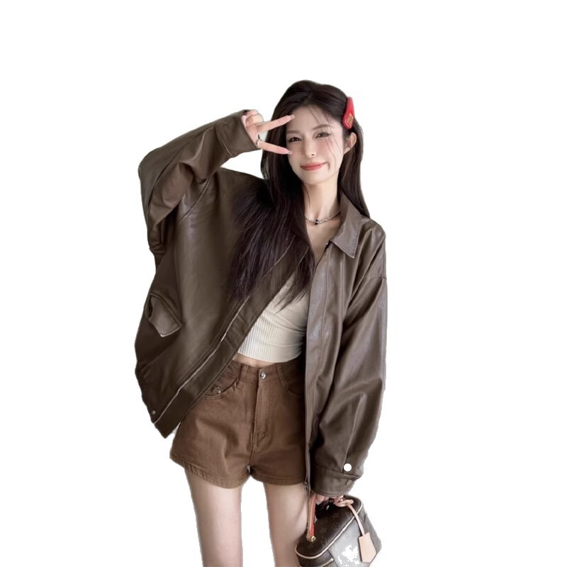 美拉德皮衣外套女2025秋季新款爆款女棕色美式港式复古高级感机车|undefined