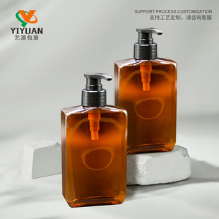 Guangzhou Factory Direct Supply Pet Flat Shoulder Shampoo Bottle Shower Gel Bottle Transparent Brown 300ml 500ml Conditioner Press