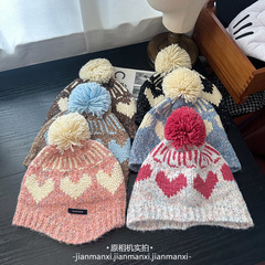 费尔岛风减龄爱心护耳毛球毛线帽子女款滑雪保暖防寒显脸小针织帽