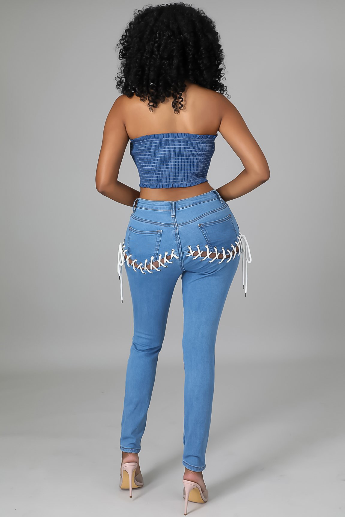 high waist back strap elastic slim-fit jeans NSQDH126889