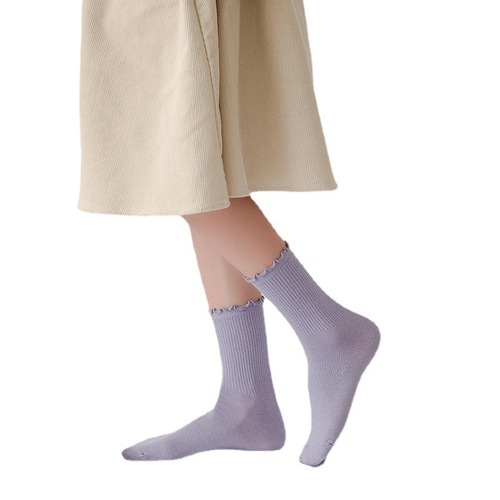 New autumn and winter fungus socks solid color cotton mid-calf socks for women cute Japanese pile socks warm lace socks wholesale