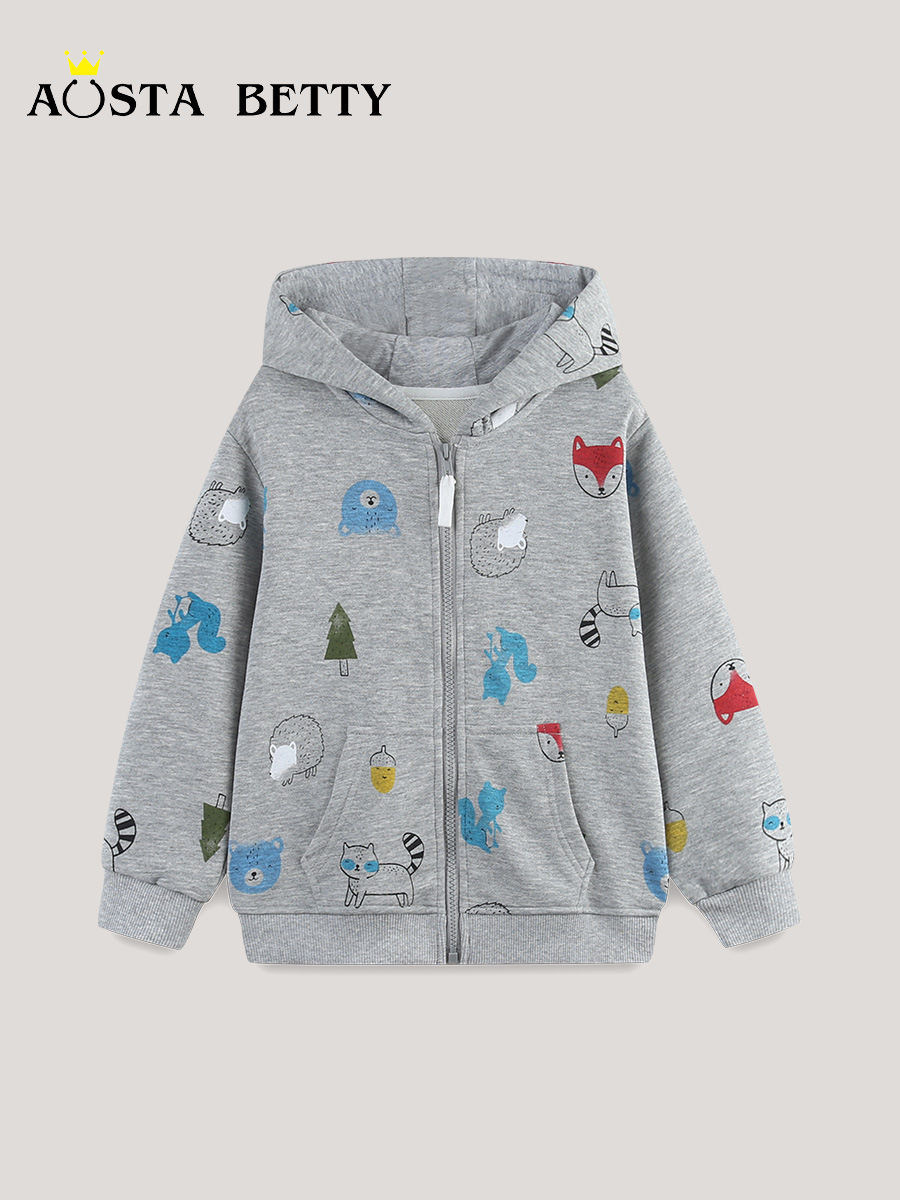Otoño nuevo chaqueta de niño estilo europeo y americano con cremallera chaqueta infantil de algodón de punto impresa con sombrero chaqueta infantil