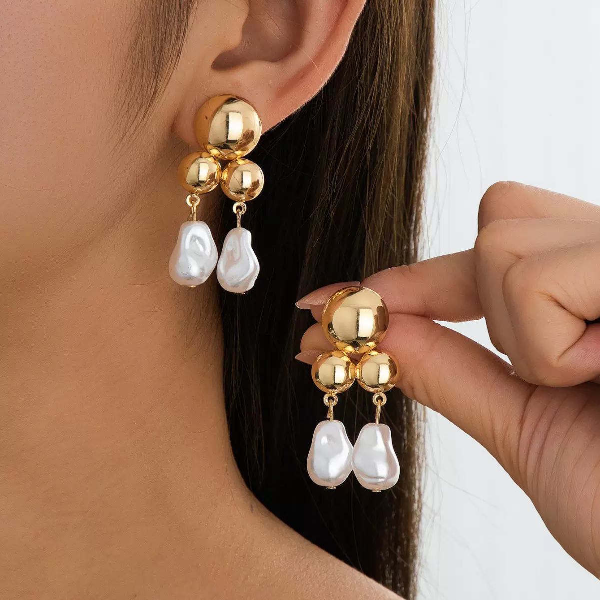 欧美跨境货源设计感精致耳环圆形几何异形仿珍珠流苏耳坠女士耳饰