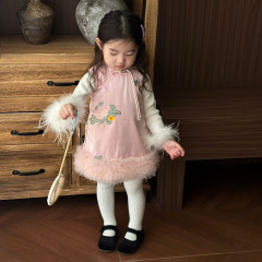 女童旗袍裙新中式汉服童装儿童花朵刺绣网纱花边背心裙宝宝连衣裙