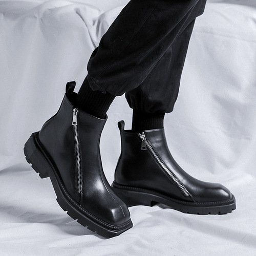 Chelsea boots square toe shoes British style black mid-top short boots double side zipper Martin boots trend 4512-R