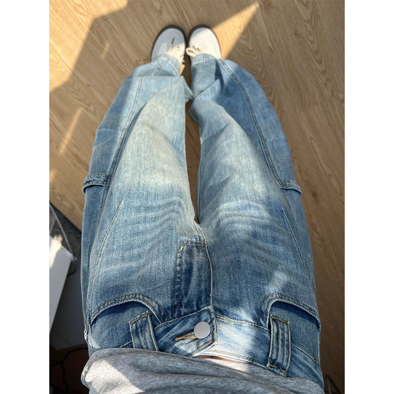 浅蓝色弯刀牛仔裤女2025秋季新款高腰显瘦设计感高街工装阔腿裤子|undefined
