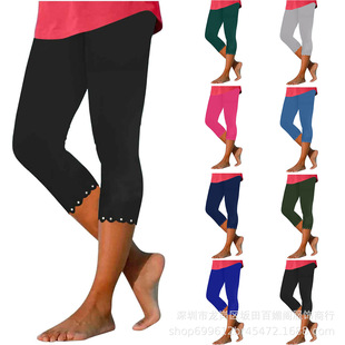 European and American Foreign Trade Women's Casual and Comfortable Women's Wavy Solid Color Hot Diamond Summer Solid Color Slim Bottoming Cropped Pants