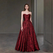 外贸欧美酒红色抹胸敬酒服新娘2025新款结婚订婚回门宴会晚礼服女