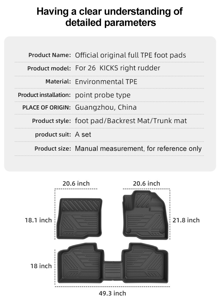 Suitable for 26 models of KICKS right-hand drive cars, special TPE floor mats, trunk mat, and seat back cushion