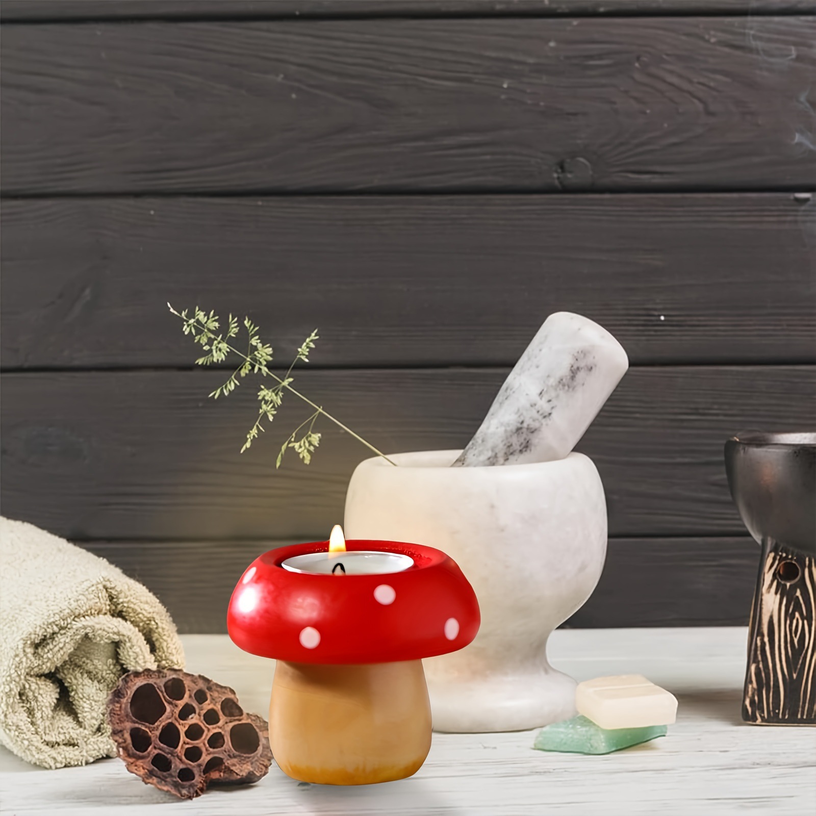 Amazon nuevo estilo de hongos candelabro de madera atmósfera festiva decoración de escritorio candelabro