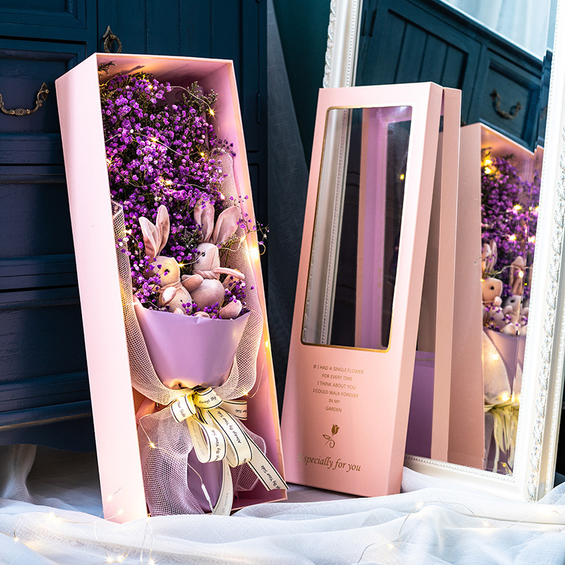 보라색 안개꽃 소원토끼 60cm 선물상자-꽃다발+선물상자+LED조명