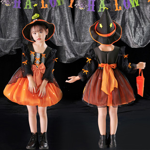 Halloween costume cosplay witch pumpkin skirt children's dress kindergarten performance costume Luminous lantern skirt