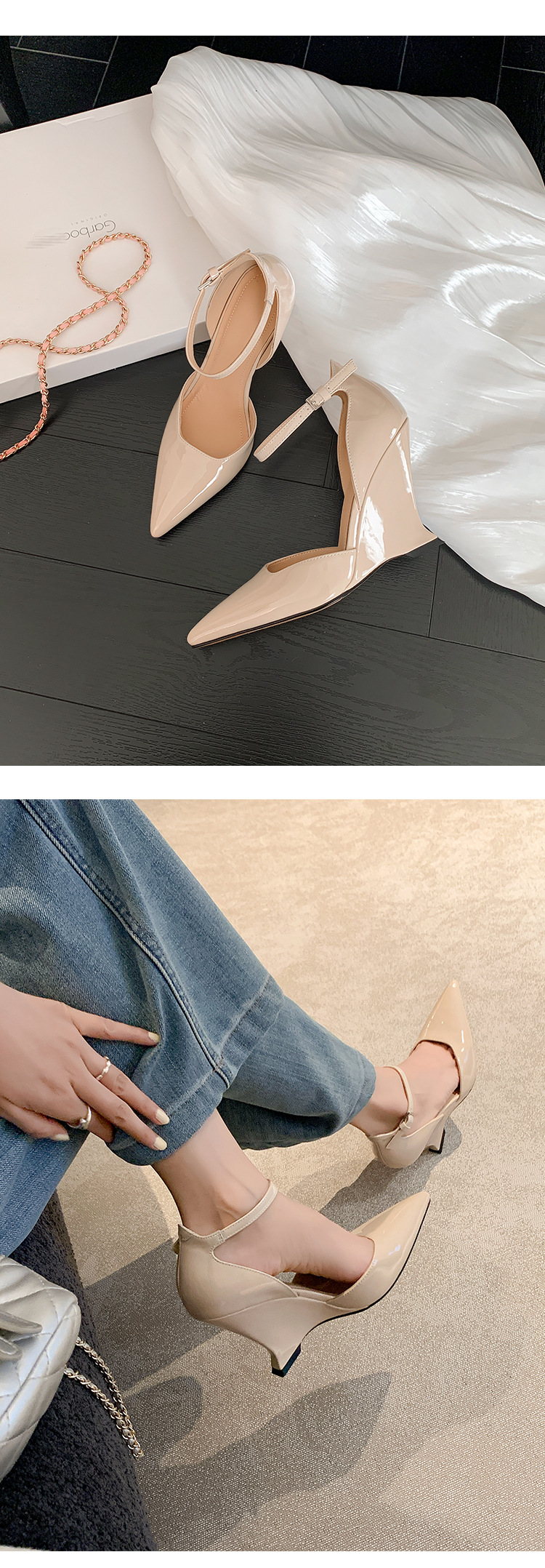 Giày sandal cao gót nữ mũi nhọn quai ngang chất liệu da bò sơn cao cấp, gót xuồng 9 cm — màu đen, màu trắng, màu mơ, màu đỏ chi tiết 25
