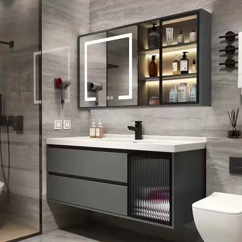 杰耐奇铁灰色简约智能无缝洗漱台陶瓷一体盆卫生间挂墙式浴室柜组