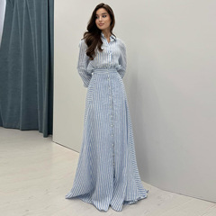 2025 新しいヨーロッパとアメリカのアマゾンクロスボーダー外国貿易婦人服ポロ襟長袖シングルブレストストライプカジュアルスーツ