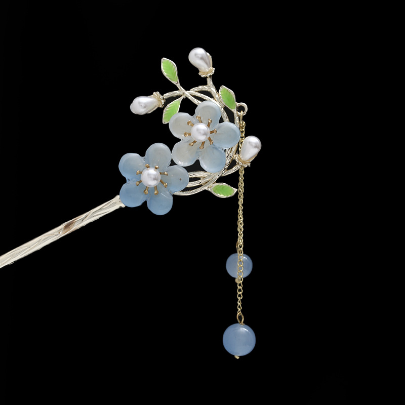 Rosa azul y blanco rhinestone flor horquilla mujeres de alto grado paso sacudida borla rizador de pelo horquilla estilo antiguo hanfu accesorios para el cabello otoño