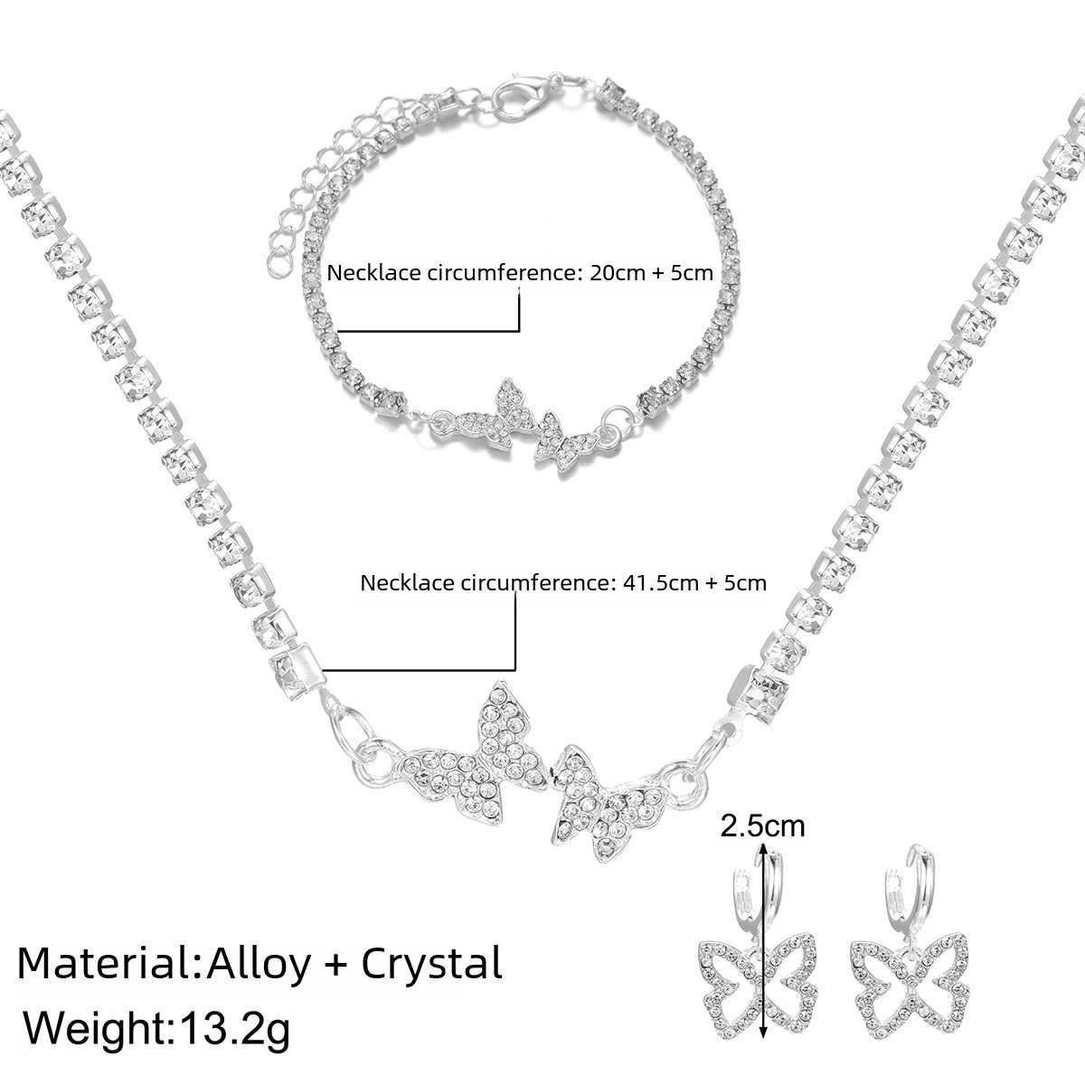 kreativ innlagt strass sommerfuglanheng halskjede smykker dress tredelt halskjede øredobber armbånd_voghion.com