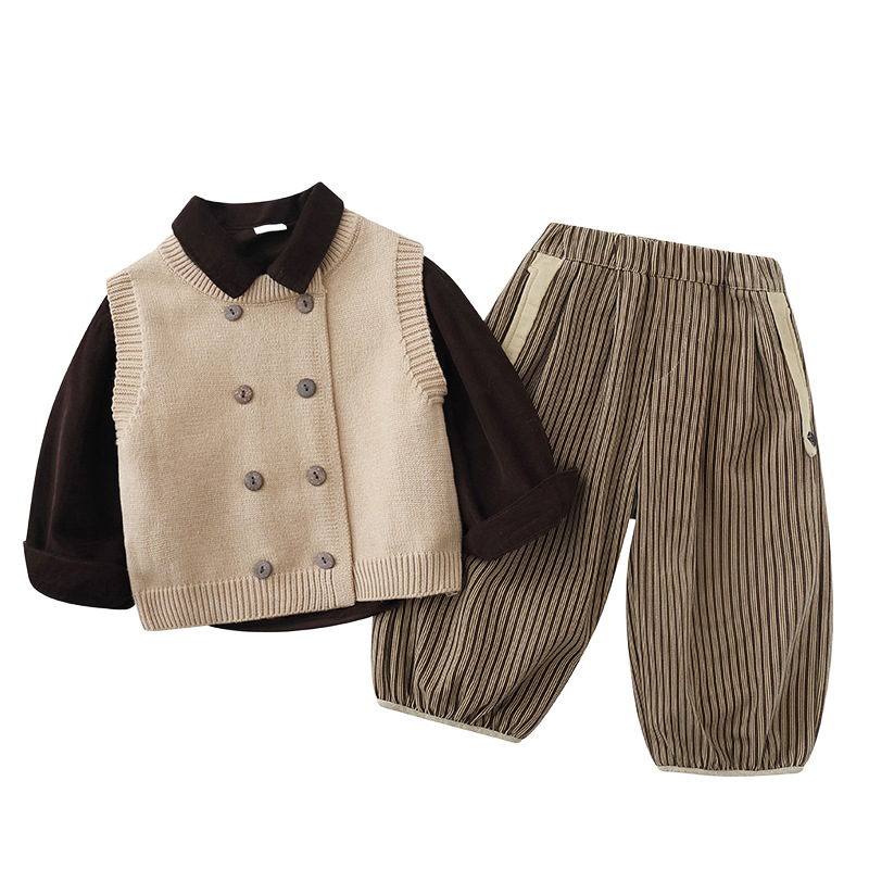 7752 Traje de moda de primavera y otoño para niños 2025 Nuevo chaleco de punto para niños Camisa casual de tres piezas