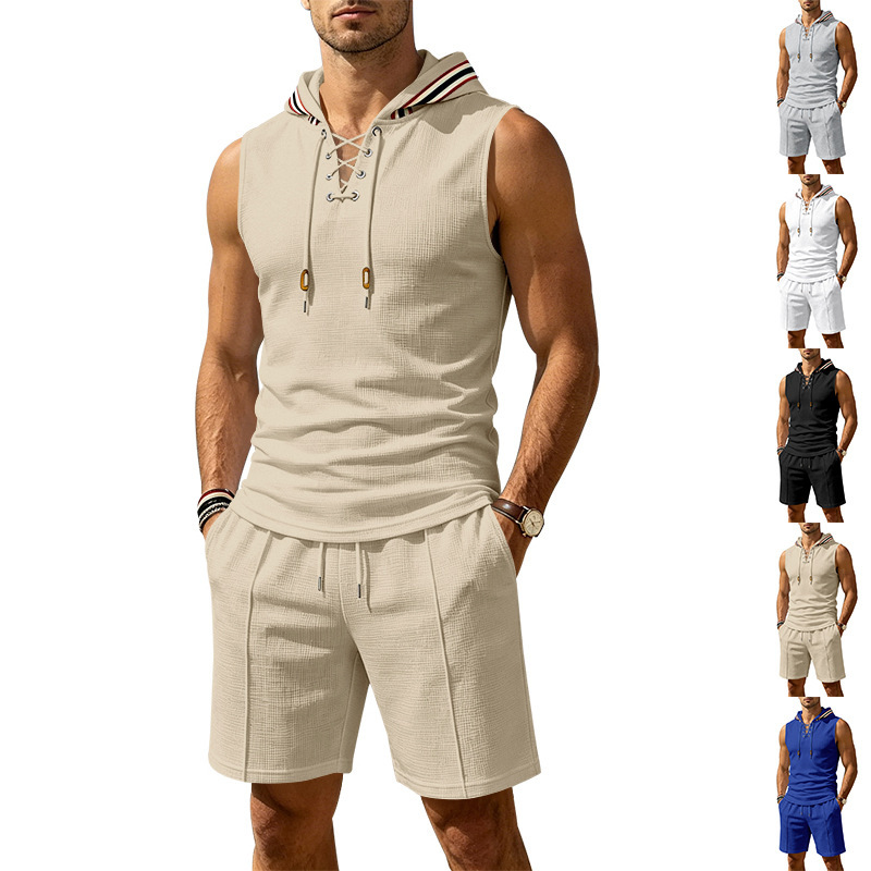 Men's Summer Hooded Vest And Shorts Set, Casual Loose Fit Breathable Athletic Two-Piece Outfit With Color Block Design_viptrois.com