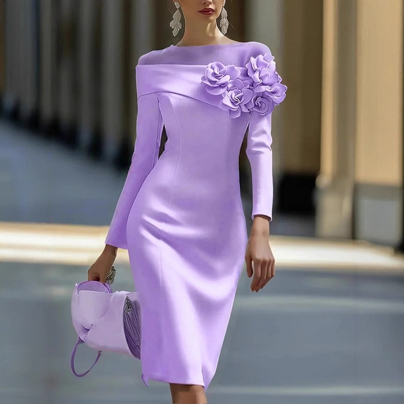 Celebrity Style Party Dress 2025 Summer New Round Neck Side Stereo Flower Decoration Pure Color Slim Dress for Women