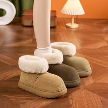2025冬季大头毛绒雪地靴女款厚底面包鞋新款加绒保暖短筒棉靴棉鞋