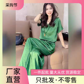 欧货休闲时尚直筒阔腿裤夏季新款纯色减龄套头宽松短袖两件套女装