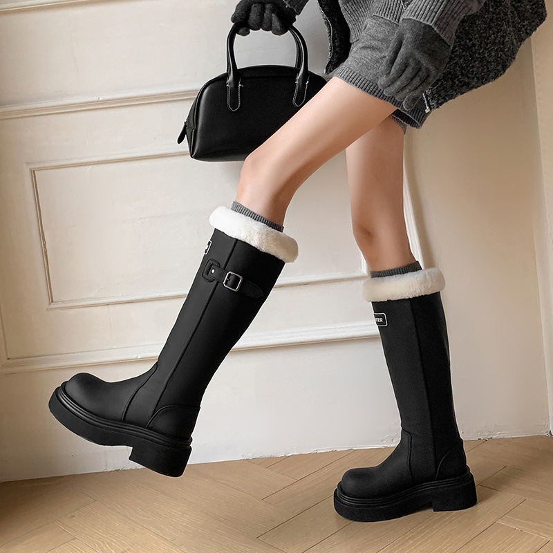 Boot nữ cổ cao ôm bắp chân lót lông cừu ấm áp đế dày da bò — màu đen
