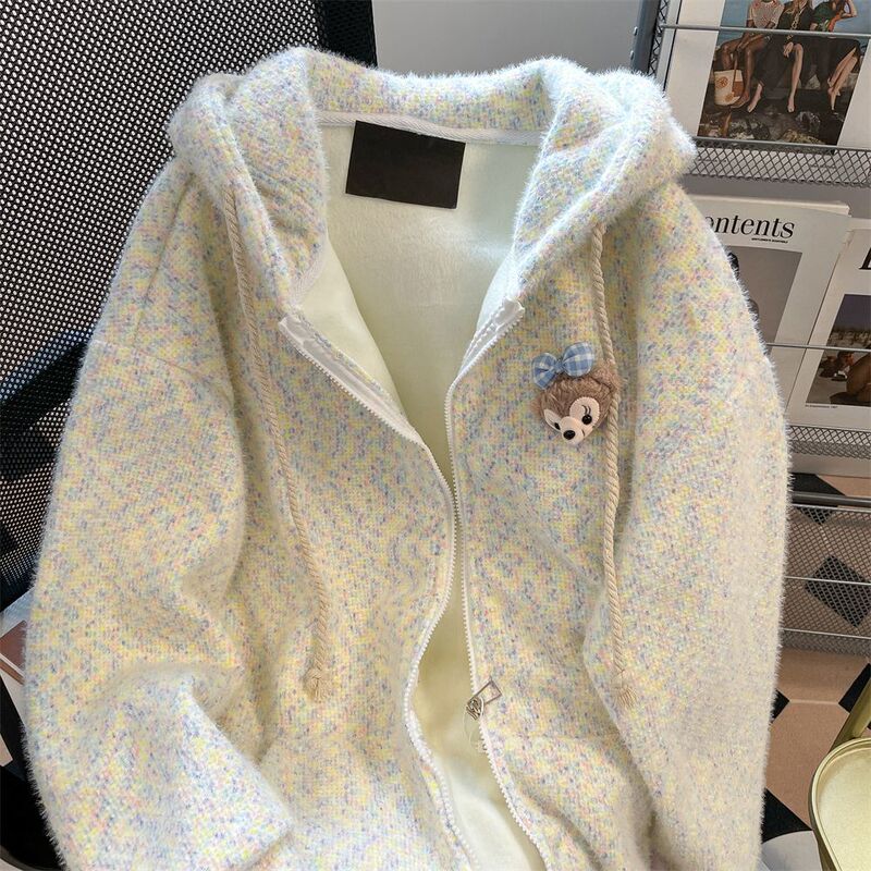 Autumn and Winter New Korean-Style Cute Ear-Trimmed Jacket for Women, Loose and Lazy Hooded Cardigan Sweatshirt, Fleece-Lined and Thickened Autumn and Winter New Korean-Style Cute Ear-Trimmed Jacket for Women, Loose and Lazy Hooded Cardigan Sweatshirt, Fleece-Lined and Thickened